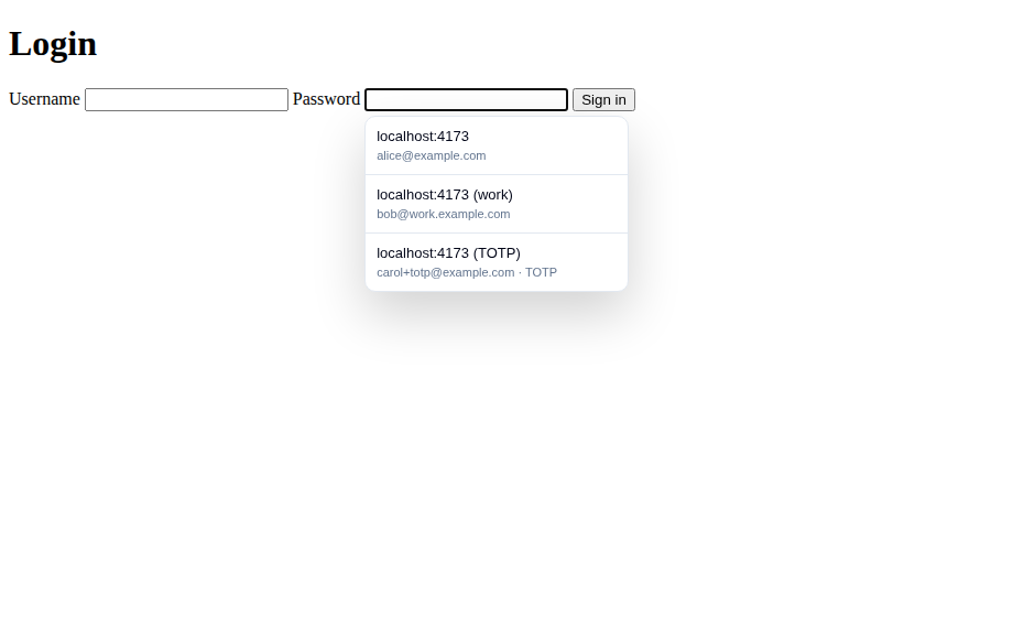 The autofill dropdown anchored to a password field, listing matching logins